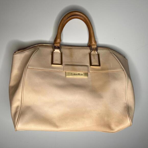 Calvin Klein Beige Leather Satchel Tote Bag Gold Hardware Structured Large Purse - Picture 1 of 15